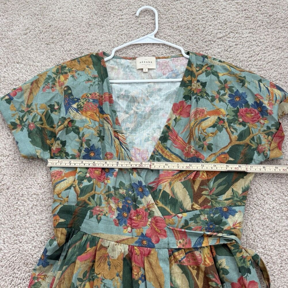 Sezane Tropical Floral Midi Wrap Dress Linen Hawaiian Birds Sz 40 (US 8) Classic - Picture 11 of 12